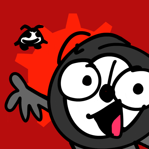 a cartoon character with a red background has a smiley face on it