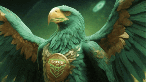 a green and gold eagle with a badge on its chest that says gmpud