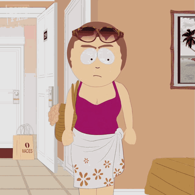 a cartoon character with a bag that says macies