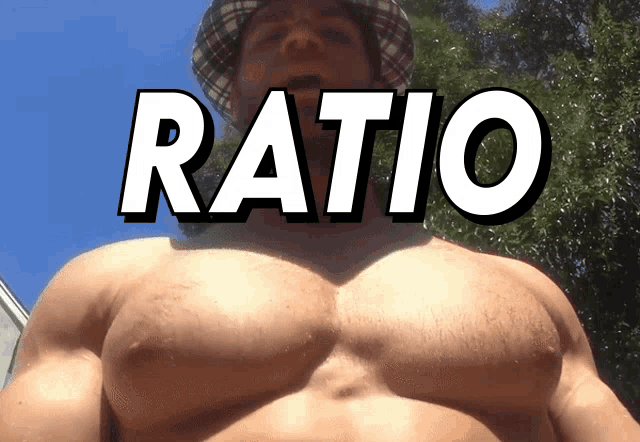 a man with a hat and the word ratio above his chest