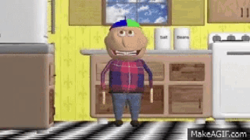 a cartoon character is standing in a kitchen with a stove and a refrigerator