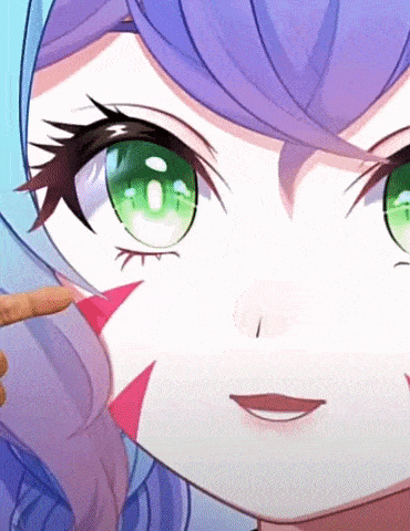 a close up of a girl 's face with purple hair and green eyes .