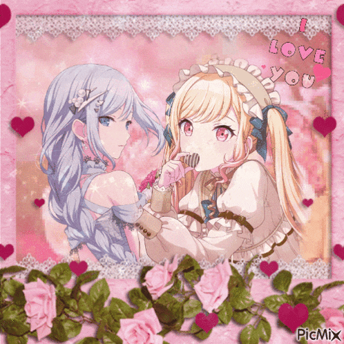 a picture of two anime girls with the words " i love you " written on it