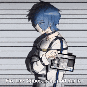 a boy with blue hair is standing in front of a wall and holding a badge