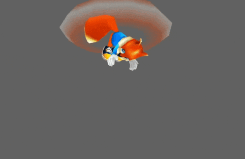 a cartoon character is flying through the air with a gray background