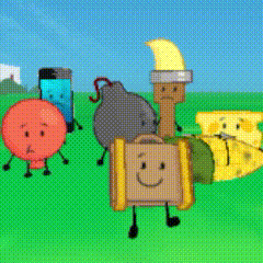 a group of cartoon characters standing in a grassy field