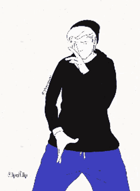 a black and white drawing of a man in a black hoodie and blue jeans