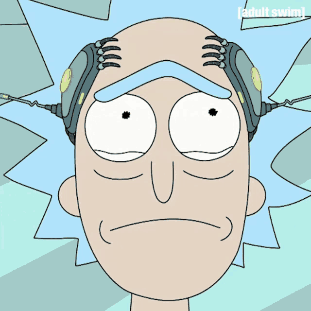 a cartoon of rick from adult swim with headphones on