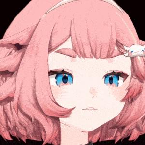 a close up of a girl 's face with blue eyes and pink hair