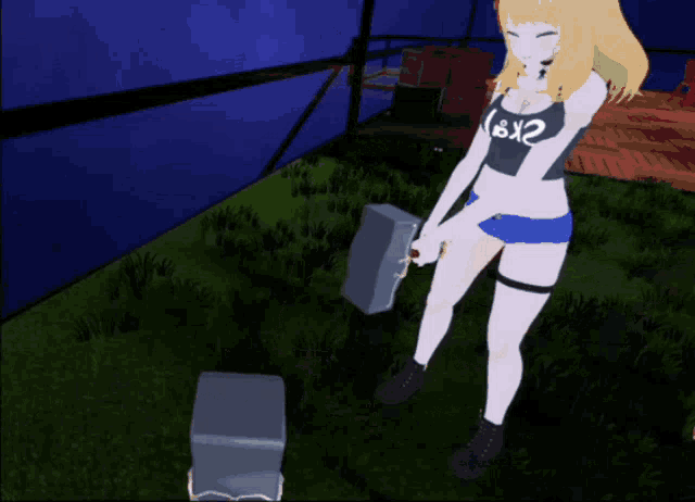 a girl in a black shirt with the letter x on it holds a hammer