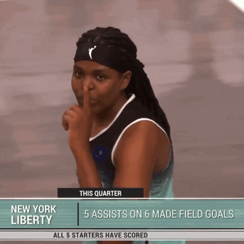a basketball player holds her finger to her lips in front of a banner that says this quarter