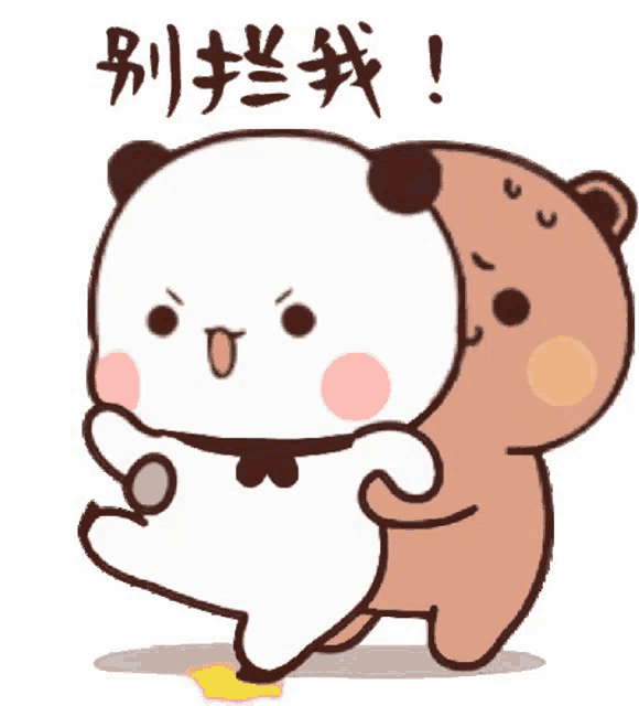 a cartoon panda and a brown bear are dancing together .