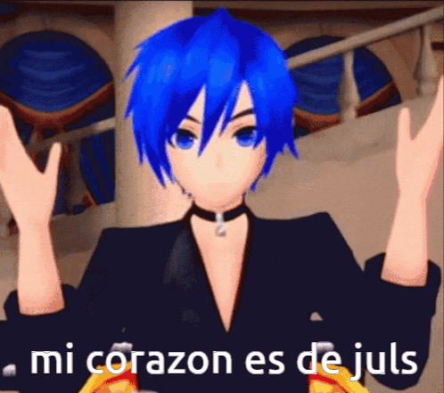 a blue haired anime character with the words mi corazon es de juls on the bottom