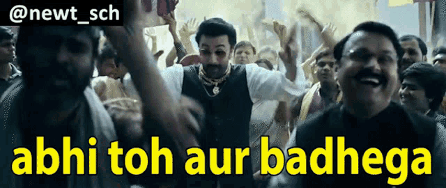 a group of men are dancing with the caption abhi toh aur badhega