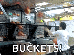 a man is throwing a basketball in a bucket with the words buckets behind him