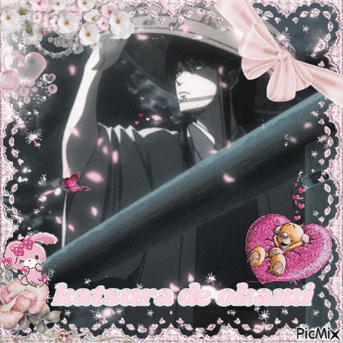 a picture of a man with the name katsura de okami on the bottom