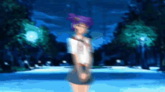 a blurry picture of a girl with purple hair standing in a park