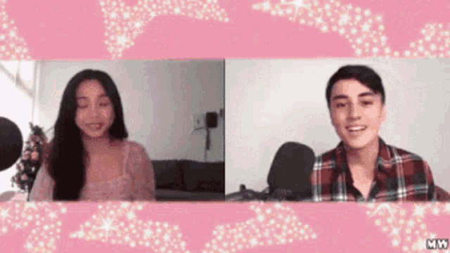 a man and a woman are talking on a video call with a pink background