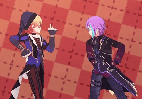 a couple of anime characters standing next to each other with one giving the middle finger