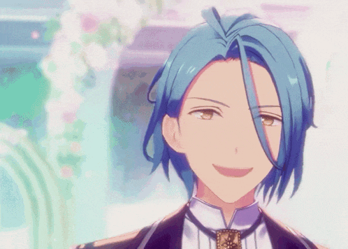 a close up of a person with blue hair