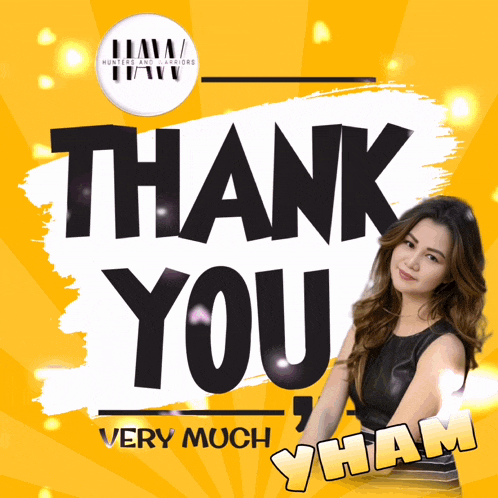 a woman stands in front of a yellow background that says thank you