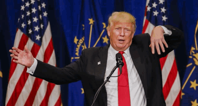 a man in a suit and tie stands in front of a microphone in front of american flags