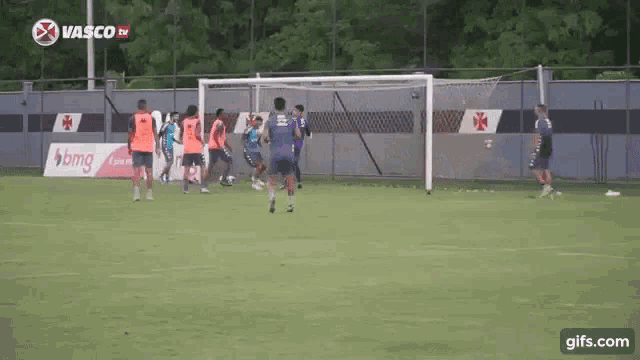 a group of soccer players are playing soccer on a field in front of a goal .