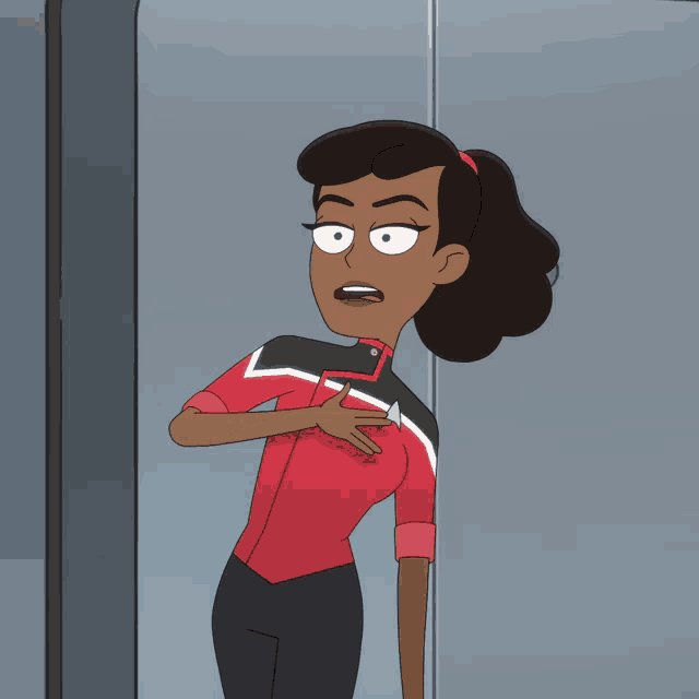 a cartoon of a woman in a red jacket with a star trek logo on it