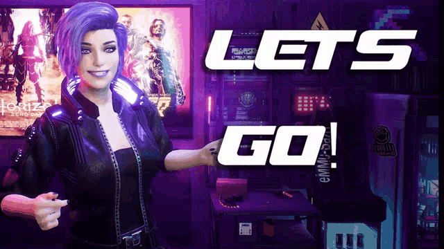a woman with purple hair stands in front of a sign that says " lets go "