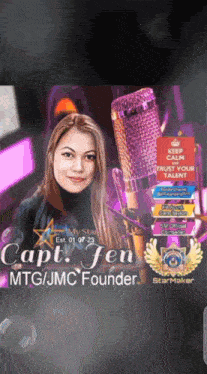 a picture of a woman in front of a microphone with the name capt. jen on it