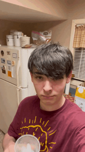 a young man wearing a red shirt with a yellow sun on it