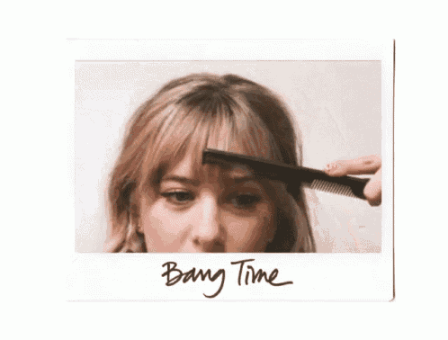 a picture of a woman with bangs and the words bang time written on the bottom