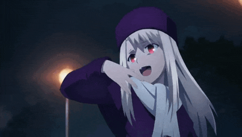 a girl with white hair and red eyes is wearing a purple jacket and hat