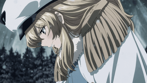a blonde anime girl wearing a white hat and fringed coat