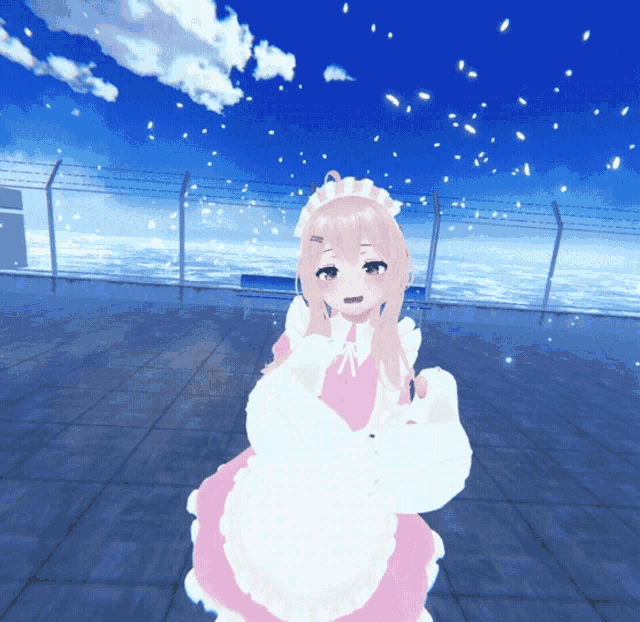 a computer generated image of a maid with pink hair