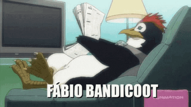 a cartoon of a penguin laying on a couch reading a newspaper with the name fabio bandicoot below it