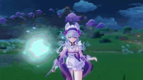 a girl in a maid costume is standing in a field holding a sword .
