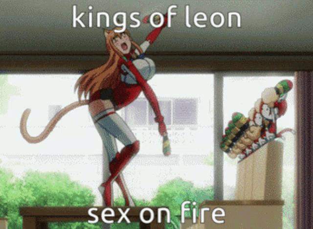 a cartoon of a woman with a cat tail and the words kings of leon sex on fire
