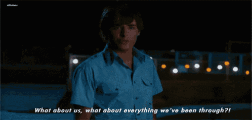 a man in a blue shirt says what about us what about everything we 've been through !