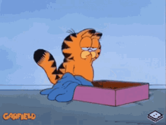 a cartoon of garfield is laying on a pink box