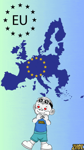 a cartoon character standing in front of a map of europe with the word eu on it