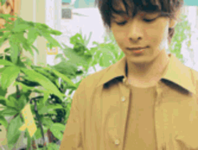 a young man wearing a tan shirt is standing in front of a plant .