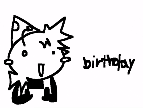 a black and white drawing of a cat with the words birthday written below it