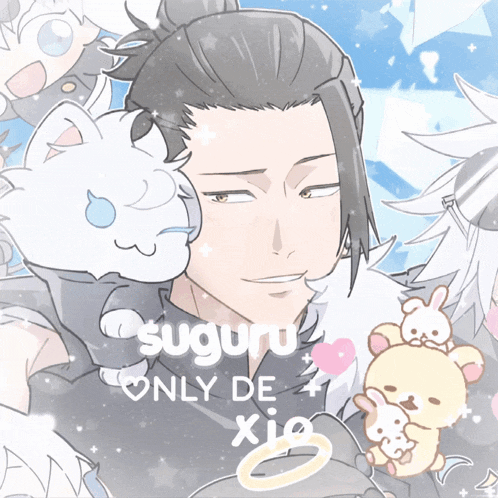 a drawing of a man with the words suguru only de xio on it