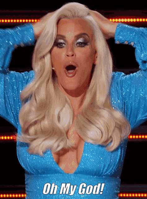 a woman in a blue dress says oh my god in white letters