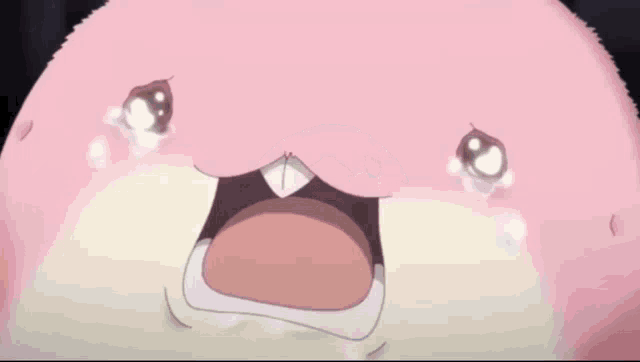 a close up of a cartoon character 's face with tears coming out of it 's eyes .
