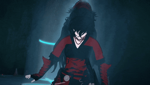 a cartoon character with red eyes and a black shirt