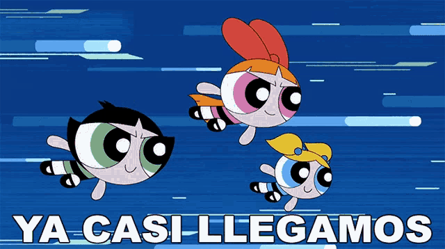 three cartoon characters are flying in the air and the words ya casi llegamos are below them