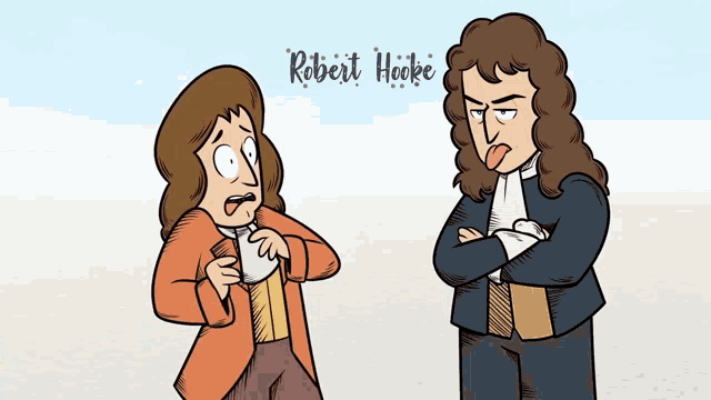 a cartoon of robert hooke standing next to another man with his arms crossed