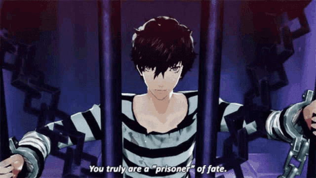 a video game character is behind bars and says " you truly are a " prisoner of fate "
